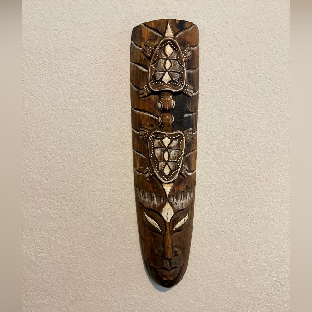 Vintage Hand Carved Wooden Tribal Mask: Eagle, Dolphin & Turtle Wall Decor 19”